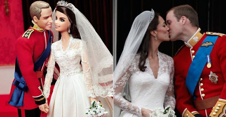 William e Kate, nas versões Barbie e real - Reprodução e Getty Images