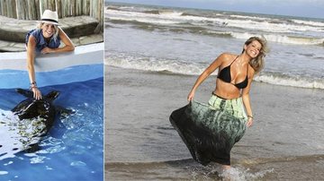Na capital de Sergipe, a atriz se diverte na praia do Refúgio. A beldade, que é ligada em causas socioambientais, acaricia tartaruga marinha no oceanário da cidade. - Nick Saiker