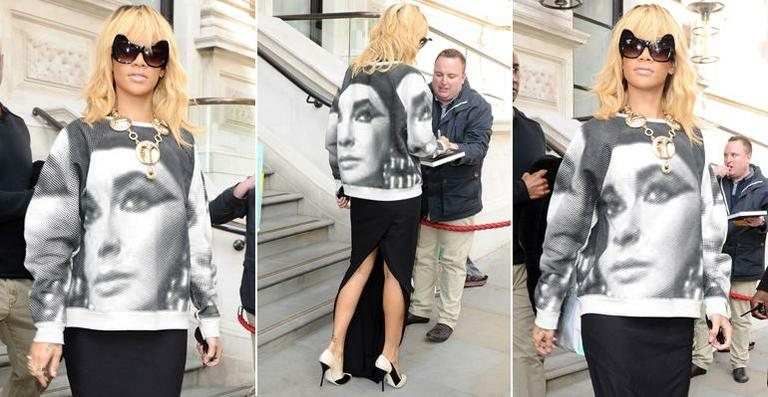 Rihanna deixa hotel de Londres vestindo suéter com rosto de Elizabeth Taylor - The Grosby Group