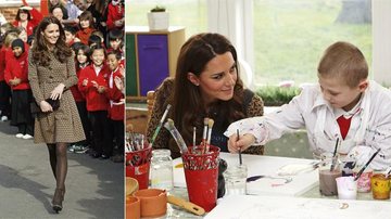 Em Oxford, Kate Middleton visita escolas que atendem crianças carentes sem seu amado, o príncipe William. Patrona da Art Room, ela auxilia Jaydn Proffitt com os desenhos e as pinturas. - reuters