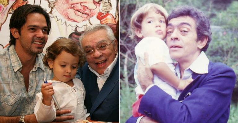 Bruno Mazzeo com o filho João e o pai, Chico Anysio, em 2007; e com o pai quando era criança - Divulgação/ Rede Globo e Reprodução/ Facebook