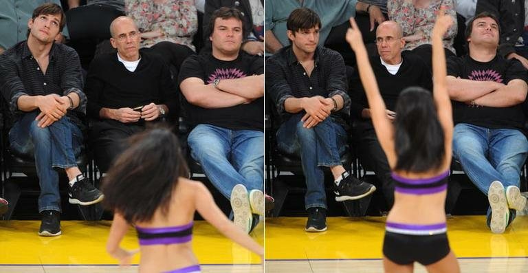 Ashton Kutcher e Jack Black acompanhados por Jeffrey Katzenberg no jogo dos Lakers contra os Nets, em Los Angeles - GrosbyGroup