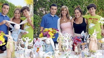 A estrela, diante da mesa decorada, sorri ao lado dos seus amores, Rafael e Bruno, e da mãe deles, Luciana Cardoso, exmulher de Rodrigo Vieira.