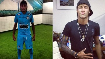 Neymar com a nova camisa do Santos e com uma tatuagem falsa em homenagem ao centenário do clube - Reprodução/Twitter