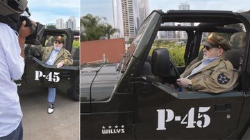 Em São Paulo, Jô Soares grava chamada para o seu programa em homenagem aos soldados da 2ª Guerra Mundial. Amante de jipes, o apresentador pilota modelo próprio, com ares militares. - tv globo
