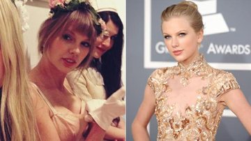Taylor Swift em foto publicada no Twitter de sua amiga, Dianna Agron, no último dia 25, e em foto tirada em fevereiro, no Grammy - Reprodução Twitter / Getty Images