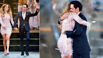 Depois de quase um ano separados, os cantores Jennifer Lopez e Marc Anthony se abraçam muito emocionados na estreia do show Q’Viva – The Chosen. - Grosby Group