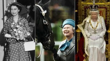 Rainha Elizabeth em 1952, na década de 1990 com um cavalo - uma de suas maiores paixões -, e em seu trono, com a coroa - Getty Images