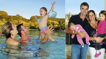 Patricia e Guilherme se refrescam com Nina nas piscinas naturais do resort, em Goiás. Mimos da mãe com a primogênita e do pai com a caçula. - João Passos
