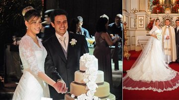 O casal corta o bolo de quatro andares.  No altar da Igreja N. Senhora de Bonsucesso, Rio, a noiva com o véu de 4m ao lado do monsenhor Sérgio Costa Couto e do amado - André Muzell