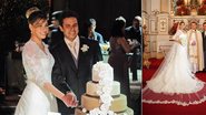 O casal corta o bolo de quatro andares.  No altar da Igreja N. Senhora de Bonsucesso, Rio, a noiva com o véu de 4m ao lado do monsenhor Sérgio Costa Couto e do amado - André Muzell