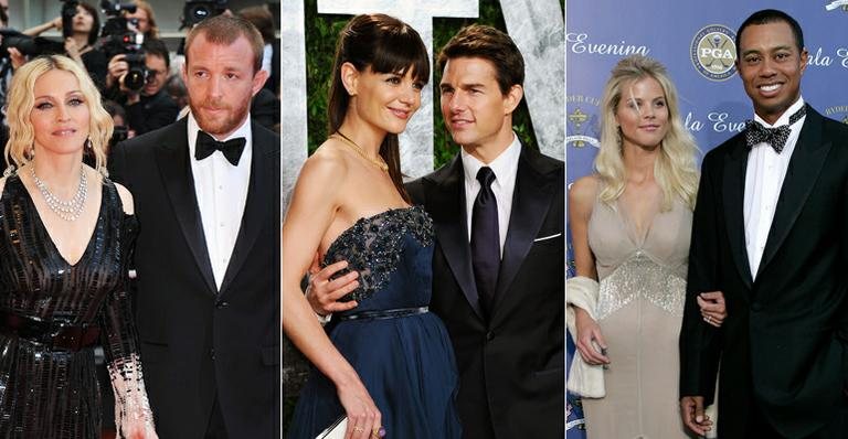 Madonna e Guy Ritchie; Katie Holmes e Tom Cruise; e Elin Nordegren e Tiger Woods - Getty Images