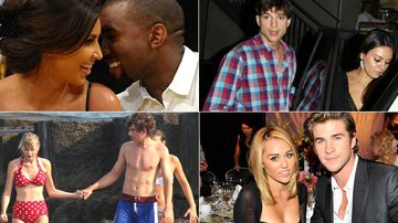 Kim Kardashian e Kanye West, Ashton Kutcher e Mila Kunis, Taylor Swift e Conor Kennedy, Miley Cyrus e Liam Hemsworth - Getty Images e The Grosby Group