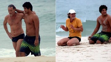 Marcello Novaes se exercita com o filho Diogo, na praia da Barra - FotoRioNews