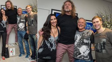 Robert Plant sobe em lata de lixo para ficar do tamanho da jogadora de vôlei Sheilla Castro e diverte convidados - Divulgação