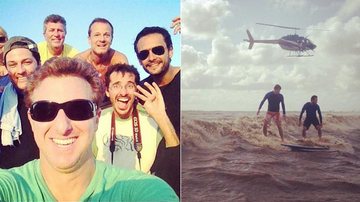 Luciano Huck grava matéria com Marcelo Serrado e Rodrigo Santoro surfando em pororoca - Reprodução / Instagram