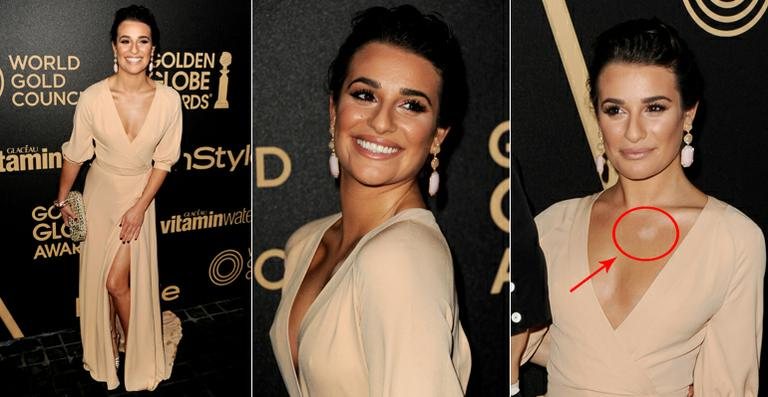Lea Michele esqueceu de espalhar a base pelo peitoral - Getty Images