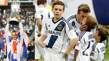 David Beckham ergue a taça da Liga Profissional de Futebol dos Estados Unidos (MLS) e recebe o carinho dos filhos Brooklyn, Romeo e Cruz - Reuters