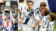David Beckham ergue a taça da Liga Profissional de Futebol dos Estados Unidos (MLS) e recebe o carinho dos filhos Brooklyn, Romeo e Cruz - Reuters