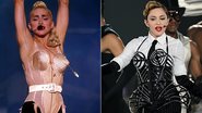 Madonna com o sutiã em formato de cone original, usado na década de 1990, e com a nova versão da peça - Getty Images
