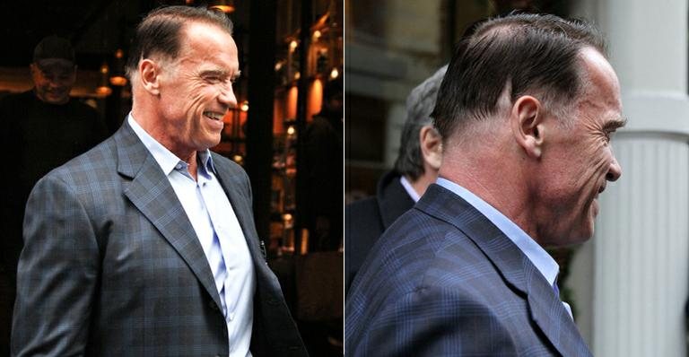 Ator Arnold Schwarzenegger surge com novo corte de cabelo em Nova York, Estados Unidos - The Grosby Group
