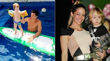 Amaury Nunes, namorado de Danielle Winits, dá aula de surfe para o filho da atriz, Guy - Reprodução/AgNews