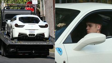 A Ferrari de Justin Bieber sendo guinchada e, em outra ocasião, o cantor dirigindo o automóvel - The Grosby Group