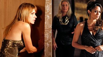 Morena (Nanda Costa) descobre por que Irina (Vera Fischer) odeia Russo (Adriano Garib) e Jéssica (Carolina Dieckmann) escuta atrás da porta - TV GLOBO / Salve Jorge