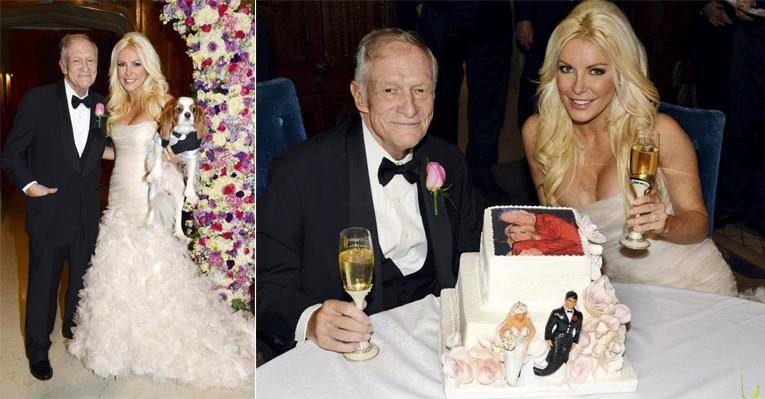 Após dois anos de namoro,o fundador da mais famosa revista masculina do mundo sobe ao altar com Crystal
Harris ao lado do seu pet Charlie, em traje de gala. O par brinda ao lado do bolo. - Reuters