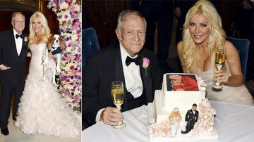 Após dois anos de namoro,o fundador da mais famosa revista masculina do mundo sobe ao altar com Crystal
Harris ao lado do seu pet Charlie, em traje de gala. O par brinda ao lado do bolo. - Reuters