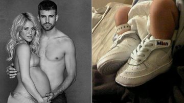 Gerard Piqué com Shakira e os pés de Milan, filho do casal - Reprodução/ Twitter e Facebook