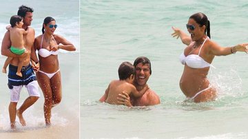 Com o marido e o filho, a atriz, grávida de quatro meses e meio, se diverte na praia da Barra, Rio. Ela fala com orgulho da sintonia de Pedro e Dudu. - Derick Abreu