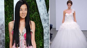 A estilista Vera Wang e um dos vestidos de noiva de sua coleção atual - Foto-Montagem