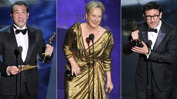 Jean Dujardin, Meryl Streep e Michel Hazanavicius, vencedores do Oscar 2012 de Melhor Ator, Atriz e Diretor, respectivamente - Getty Images