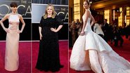 Anne Hathaway, de Prada e joias Tiffany & Co. Adele, de Jenny Packham e joias Harry Winston. Jennifer Lawrence, de Dior Haute Couture e joias Chopard. - -