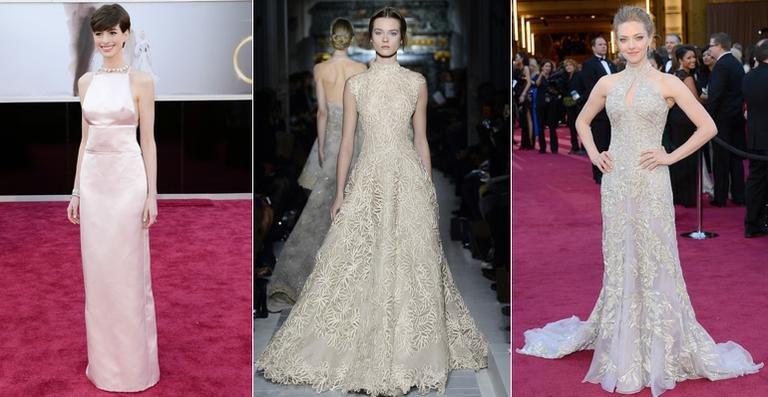 Anne Hathaway de Prada, o modelo Valentino que ela iria usar, e Amanda Seyfried com seu Alexander McQueen - Getty Images/ Reprodução