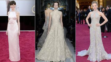 Anne Hathaway de Prada, o modelo Valentino que ela iria usar, e Amanda Seyfried com seu Alexander McQueen - Getty Images/ Reprodução