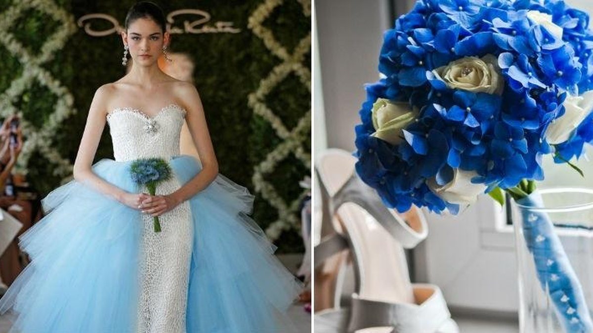 waterfall Manhattan dye Para ter sorte, estilista ensina a usar o azul no vestido de noiva, no  buquê e na lingerie. Confira o vídeo