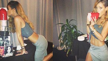 A cantora Rihanna beija bolo em formato de batom - Reprodução/Instagram