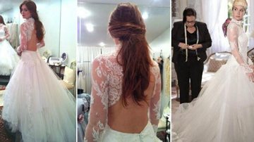 Lethicia Bronstein, a estilista responsável pelo vestido de Nicole (Marina Ruy Barbosa) em Amor à Vida, ensina a usar vestido de noiva com decote nas costas e manga longa - Foto-montagem