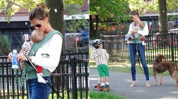 Gisele Bündchen leva os filhos e o cão para passear em parque de Boston, nos EUA - Splash News/AKM-GSI