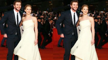 Jennifer Lawrence aparece elegante no red carpet ao lado do companheiro de filmagens Liam Hemsworth - Tony Gentile/ Reuters