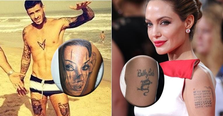 Conheça os famosos que se arrependeram de suas tatuagens, como Mateus Verdelho e Angelina Jolie! - Fotomontagem