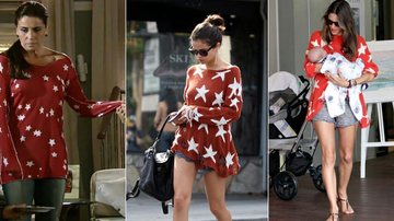 Selena Gomez usa suéter vermelho e repete look de Taylor Swift e Alessandra Ambrosio - Foto-montagem