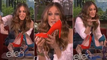 Sarah Jessica Parker mostra preview de linha de sapatos em programa de TV - Montagem YouTube
