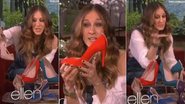 Sarah Jessica Parker mostra preview de linha de sapatos em programa de TV - Montagem YouTube