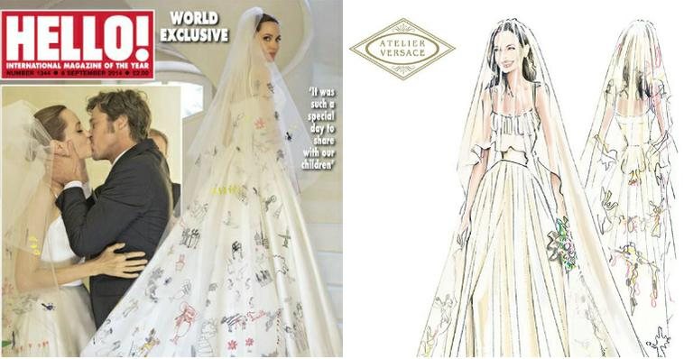 Donatella Versace mostra croquis do vestido de noiva de Angelina Jolie - Foto-montagem
