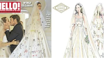 Donatella Versace mostra croquis do vestido de noiva de Angelina Jolie - Foto-montagem