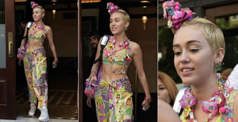 Com figurino Carmen Miranda, Miley Cyrus sobe na passarela da NYFW - Foto-montagem