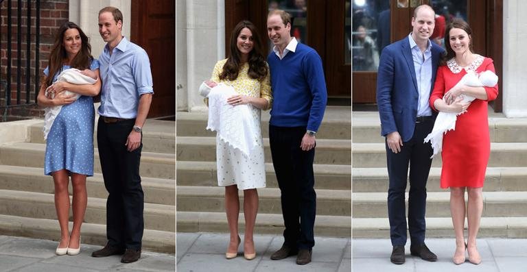 Kate Middleton e príncipe William com seus três filhos - George, Charlotte e o novo bebê real - na frente da maternidade - Getty Images